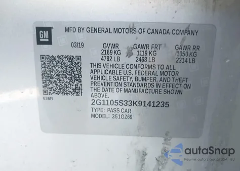 2019 Chevrolet Impala Premier from USA, damaged, VIN 2G1105S33K9141235